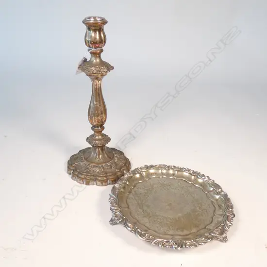 2 PCES OLD SHEFFIELD PLATE; CANDLESTICK 300MM H AND SALVER