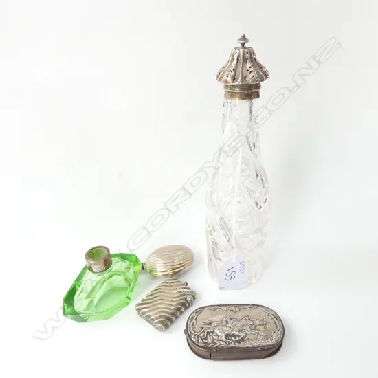 S/SILVER TOPPED CRYSTAL BOTTLE + 2 VESTAS, SMALL GLASS BOTTLE & ART NUVEAU VESTA