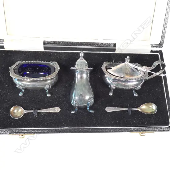 SILVER BOXED CRUET SET 5 PCE BLUE GLASS LINERS...