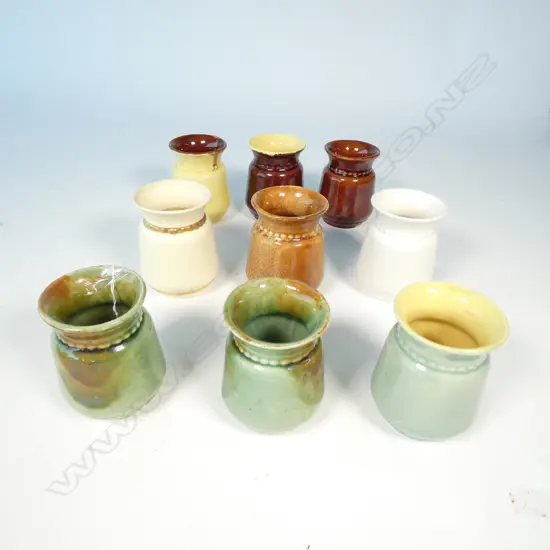 9 CROWN LYNN VASES, VARIOUS GLAZES 100MM H (18998)