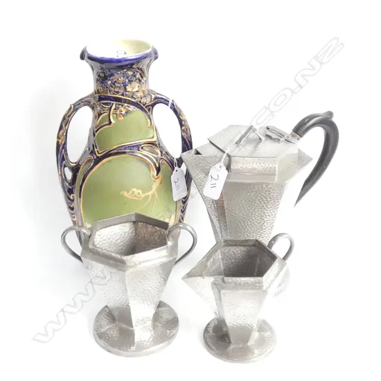 3 PCE ENGLISH PEWTER TEA SET AND AUSTRIAN ART NOUVEAU VASE 260MM H AF