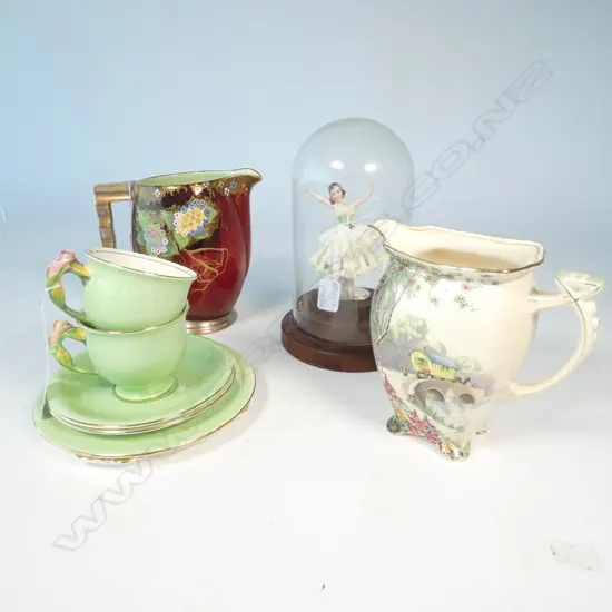 2 ART DECO JUGS AND 2 GREEN TRIOS + DRESDEN FIGURE