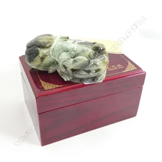 CARVED JADE CHINESE MYTHICAL BEAST WITH COIN UNDER HEAD...