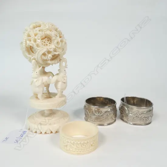 IVORY BALL 140MM H, NAPKIN RING, 2 DRAGON METAL RINGS