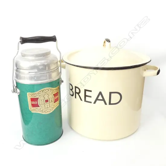 1950'S RARE GOLD COIN BRAND THERMOS H.280MM & ENAMEL BREAD TIN H.300MM