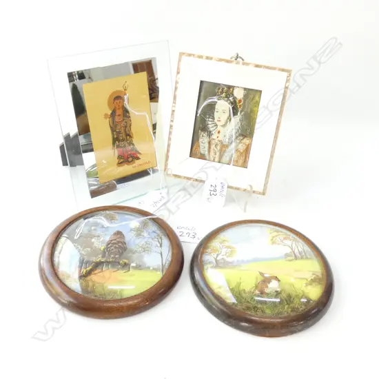 2FRAMED ENGLISH SCENES/GUAN YIN+IVORY FRAMED PORTRAIT OF QUEEN ELIZABETH 2 