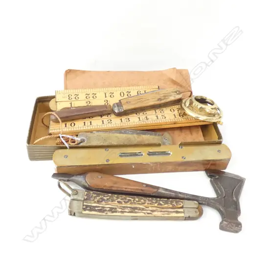 COLLECTION OF OLD TOOLS INCL HATCHET, RULES & KNIVES ETC