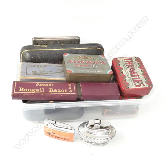 LOT OF VINTAGE MEN'S GEAR, PIPES, CUT THROAT RAZOR, CARDS, CIGARETTE LIGHTERS + HOLDER, BINNOCULARS ETC 