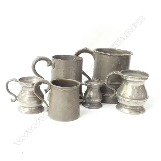 6 ANTIQUE PEWTER AND OTHER MUGS VARIOUS SIZES LARGEST H. 110MM H