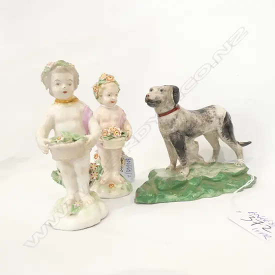 EARLY 19thC DERBY CHINA DOG + PR CHINA CUPIDS AF