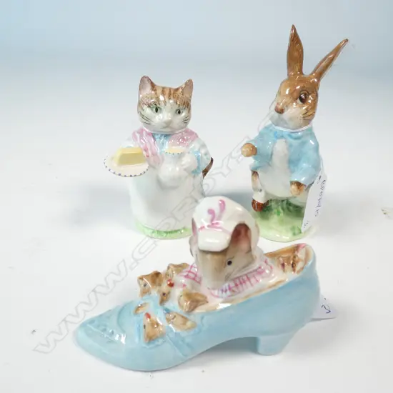 3 BESWICK BEATRIX POTTER FIGURINES; THE OLD WOMAN SHOE, RIBBY, PETER RABIT