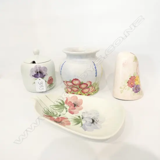 FOUR RADFORD POTTERY PIECES, VASE, SUGAR BOWL, WALL POCKET & ASHTRAY