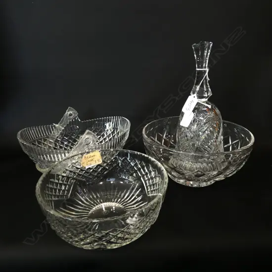 4 CRYSTAL ITEMS; 2 BOWLS, 1 BASKET & BELL 