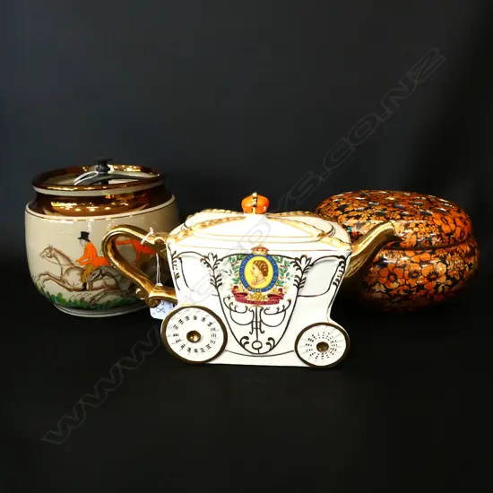 TOBACCO JAR, GRIMWADES ROSE BOWL & GILT CORONATION CARRIAGE SHAPED TEAPOT AF