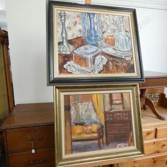 2 ELAINE HOPKINS OILS 'BEDROOM INTERIOR' & 'SILVERWARE AND GLASS' OIL ON BOARD '95 660 X 550MM SMALLEST