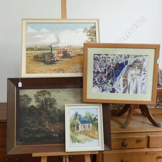 4 ARTWORKS; CHURCH OIL, BOAT W/C, FARMING OIL, M. EVANS LANDSCAPE OIL 1940