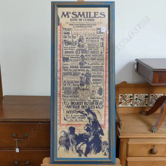 A vintage poster ‘Mr Smiles - King of Curios 288 Cuba Street Wellington...’