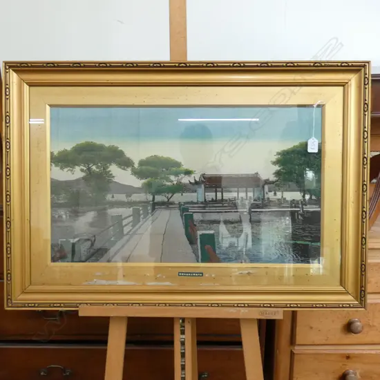 PRINT ON FABRIC IN GILT FRAME, ORIENTAL LANDSCAPE, 600MM X 865MM INCLUDING FRAME