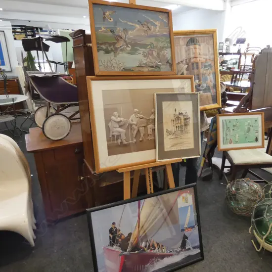 COLLECTION OF FIVE FRAMED WORKS INCL WATER COLOUR, TAPESTRY, PRINTS ETC