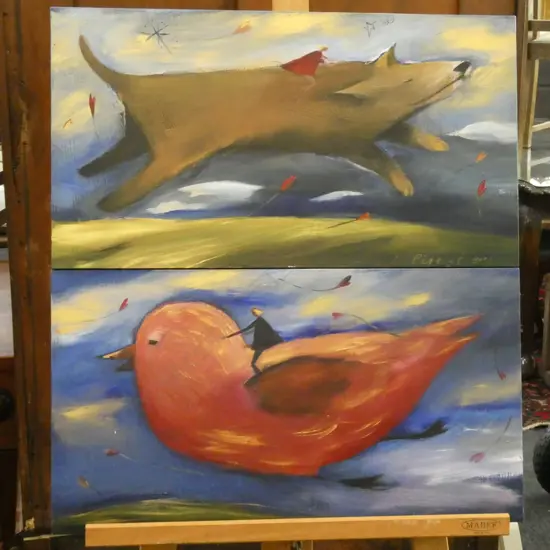 2 PAINTINGS BY INGRID BERZINS; 'RIDE I' AND 'RIDE II' 2003 550 X 300MM 