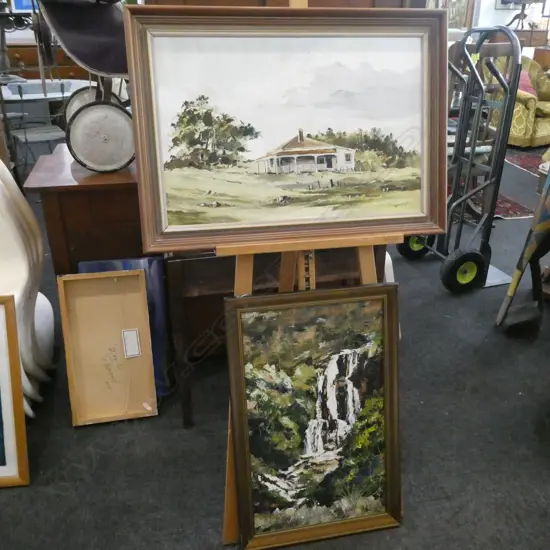 2 OIL PAINTINGS; 'HOMESTEAD' PETER WALLERS '74 800 X 570 AND WATERFALL 