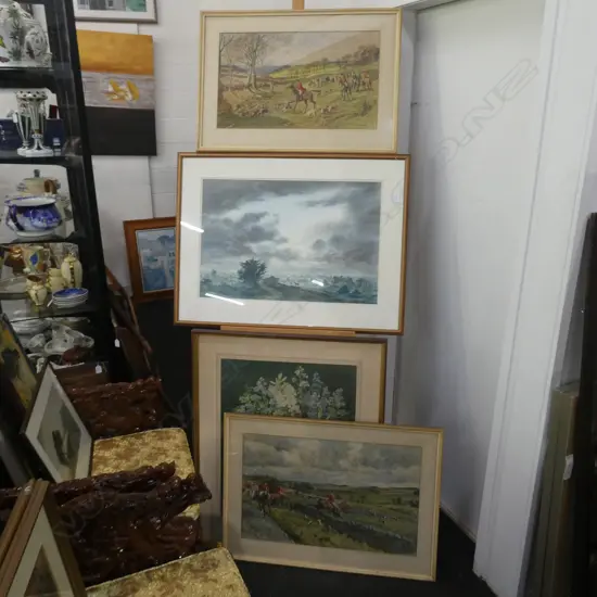 FOUR FRAMED PRINTS INCL LANDSCAPE, STILL LIFE AND TWO HUNTING SCENES
