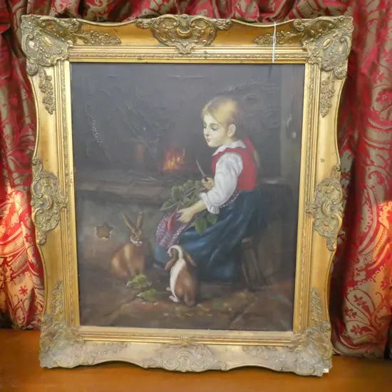 OLD OIL PAINTING GIRL BY FIRE FEEDING RABBITS ...