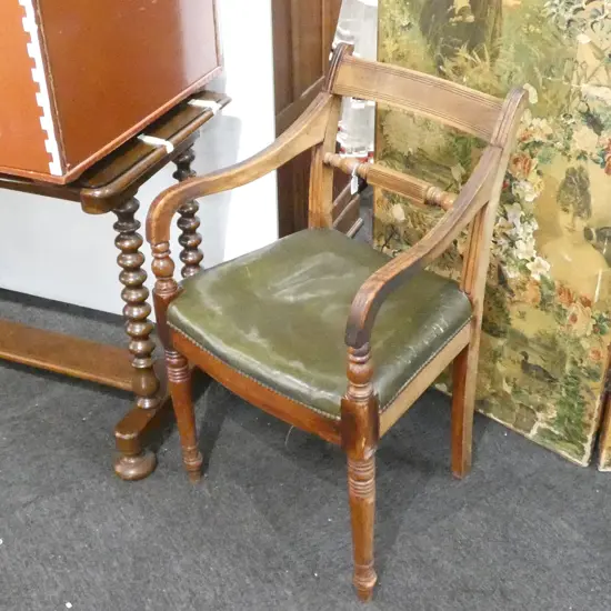 REGENCY MAHOGANY ELBOW CHAIR ON TURNED LEGS, LEATHER SEAT, C. 1815
