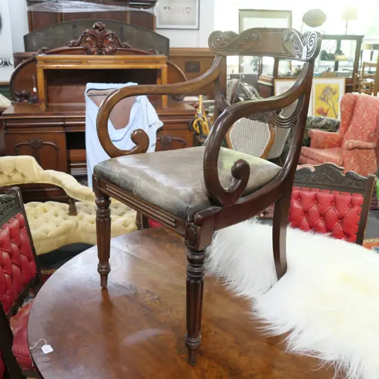 REGENCY MAHOGANY CARVER CHAIR LEATHER SEAT
