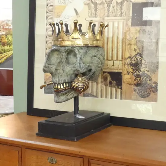BRONZE SKULL WITH CROWN AND ROSE ON STAND H. 500MM