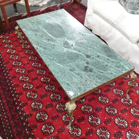 BRASS AND GREEN MARBLE COFFEE TABLE 1300 X 700MM 