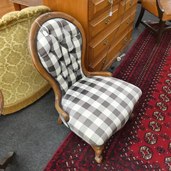 REPRODUCTION GRANDMOTHER CHAIR, GREY PLAID UPHOLSTERY