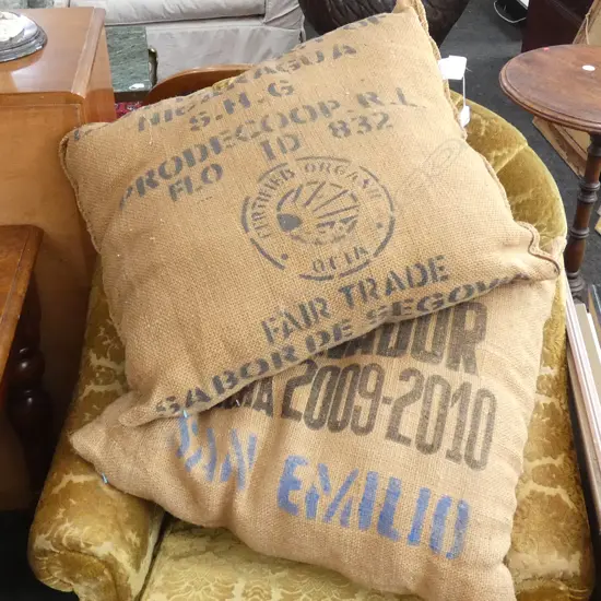2 LARGE JUTE CUSHIONS 600MM W