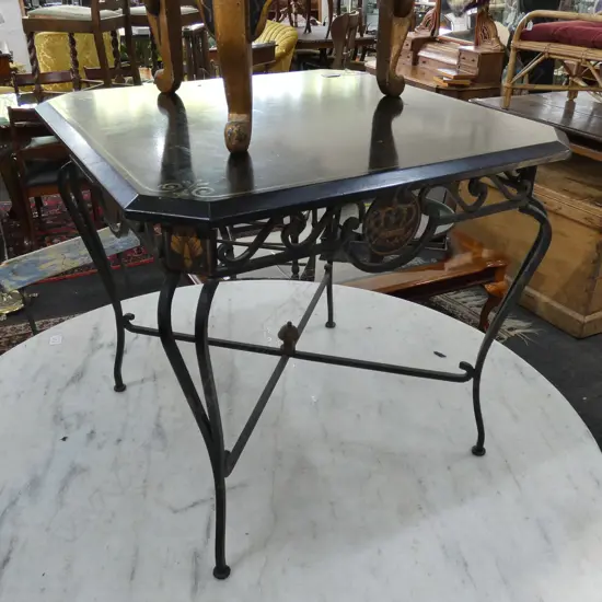 VINTAGE FRENCH WROUGHT IRON & PAINTED WOOD TABLE, 610 X 610 X 560MM
