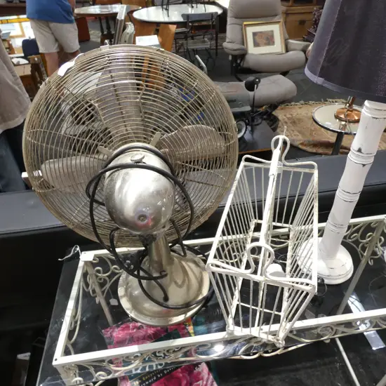 FRENCH MAGAZINE RACK AND VINTAGE METAL FAN