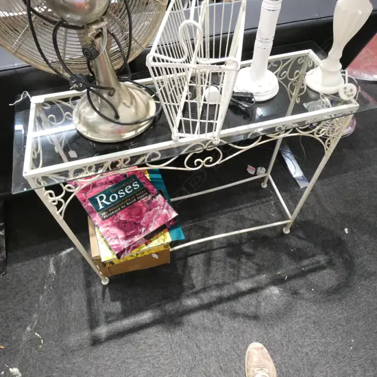 1950S WROUGHT IRON GLASS TOP HALL TABLE, 990 X 770 X 390MM