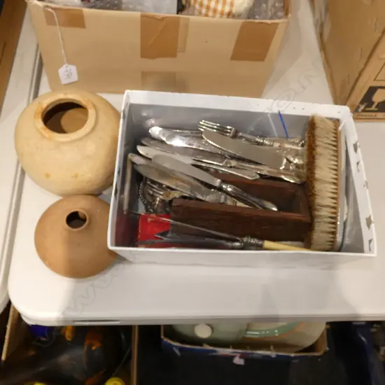 BOX LOT ASST. CUTLERY, HAND MADE UNGLAZED GINGER JARS ETC