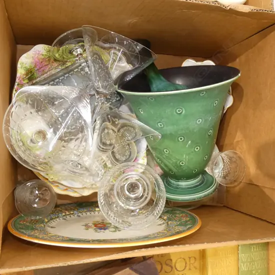 BOX LOT ASST CHINA INCL. DENMARK VASE, PLATES, IRISH PORCELAIN, GLASSES ETC