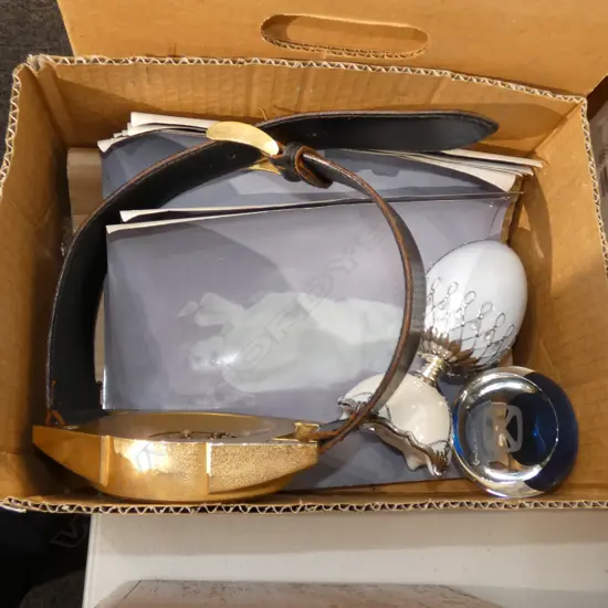 BOX LOT OVERSIZE SHOP DISPLAY WATCH, PAPERWEIGHT, FABERGE STYLE EGG, ORIENTAL SILK PICTURES