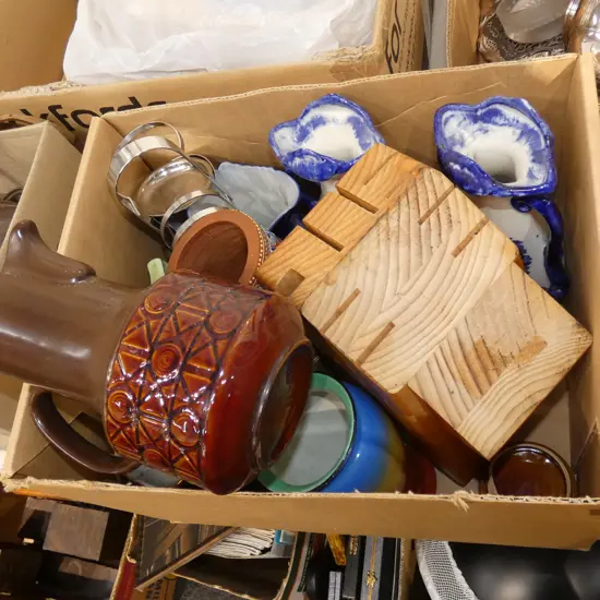 BOX LOT ASST. CHINA INCL; PR B/W IRONSTONE VASES ETC