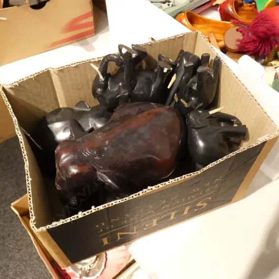 ASSORTED EBONISED ELEPHANT FIGURES INCLUDING 1 LARGE DEPICTING MANY ELEPHANTS