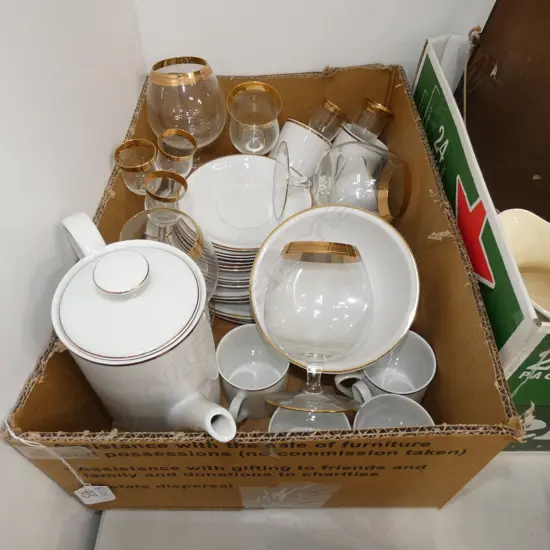 BOX LOT ARZBERG COFFEE SET, GOLD RIMMED GLASSES