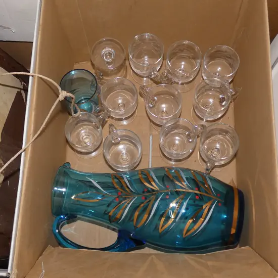 BOX OF ASST. OLD ETCHED GLASS & BLUE PAINTED JUG
