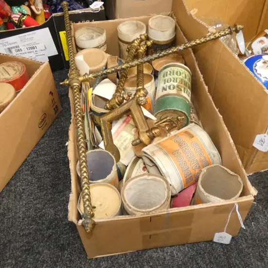 BOX LOT EMPTY EDISON RECORD HOLDERS, ASST. CALTEX STICKERS, FIRE SCREEN FRAME