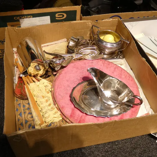 BOX LOT ASST. LINENS, FANS, EP, ETC