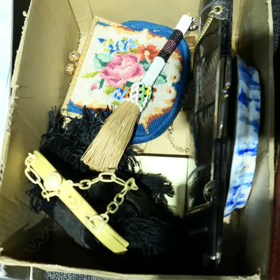 BOX LOT VINTAGE PURSES, BEADED BRUSH ETC