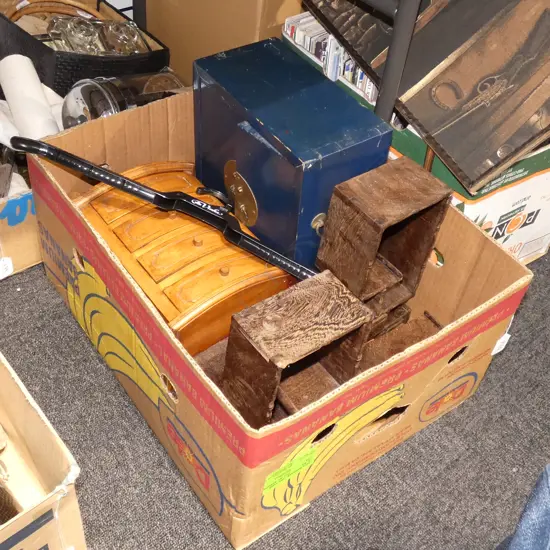 BOX LOT WOODEN SHELF, 2 MINIATURE CHESTS