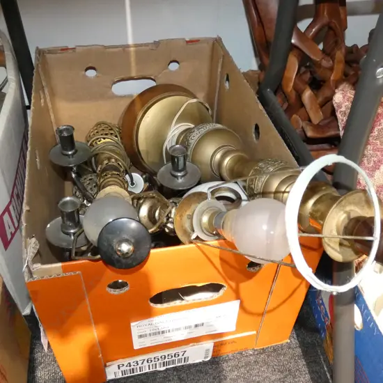 BOX LOT BRASS LAMPS, CANDLE STICK, BUG BOOTSCRAPER ETC