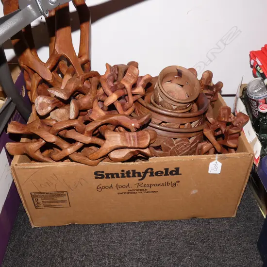 SET 7 CARVED WOOD BOWLS ON FOLDING STANDS GRADUATING