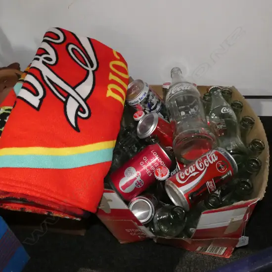 BOX LOT COCA COLA BOTTLES AND TOWEL